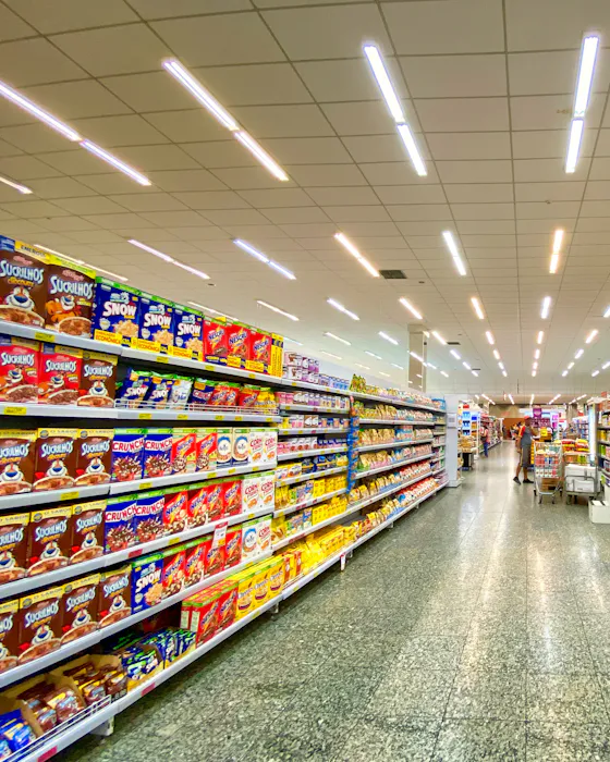 Pasillo de un supermercado con productos en góndolas